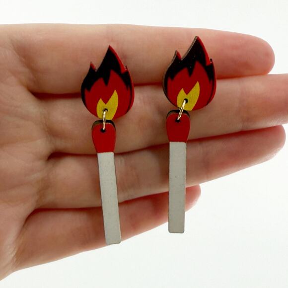 Flame Earrings: Lit Matchstick Dangle Earrings - Wooden - Picture 2 of 4